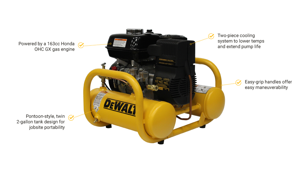 DeWALT Air Compressor | Pontoon Oil Free | 2 Gallon | 5.0 CFM@90 DeWALT Air Compressor | Pontoon Oil Free | 2 Gallon | 5.0 CFM@90