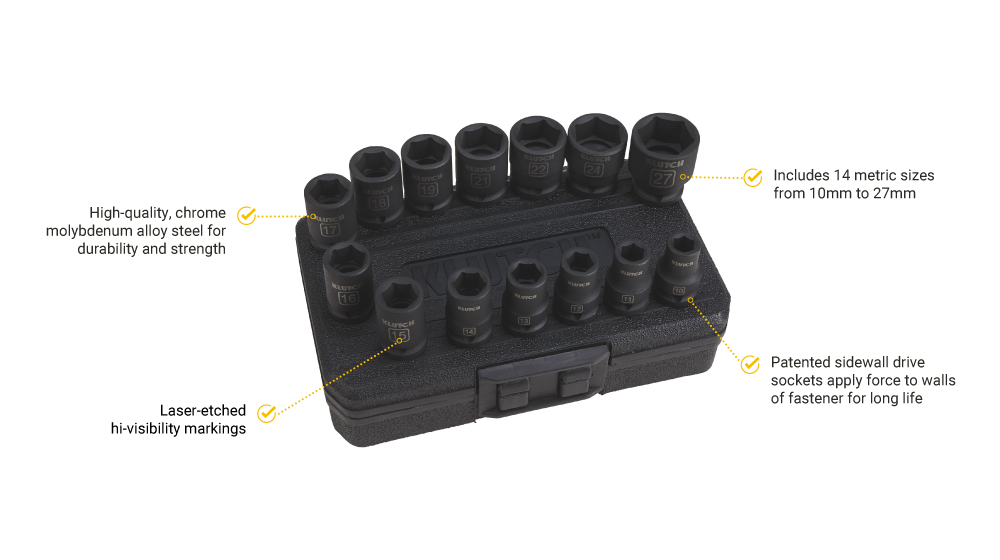 Klutch | Drive Impact Socket Set | 1/2-In. | Chrome | Metric