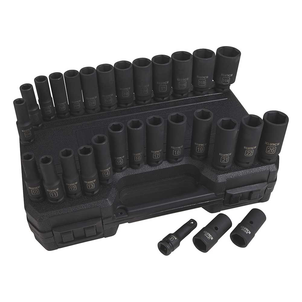 Klutch Deep Drive Impact Socket Set 1 2 In. SAE and Metric 41411 Great Northern Equipment