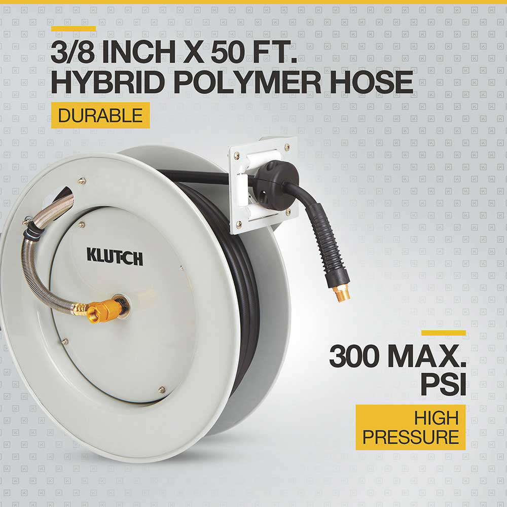 Klutch AutoRewind Air Hose Reel with Hybrid Polymer Hose 3/8In. x