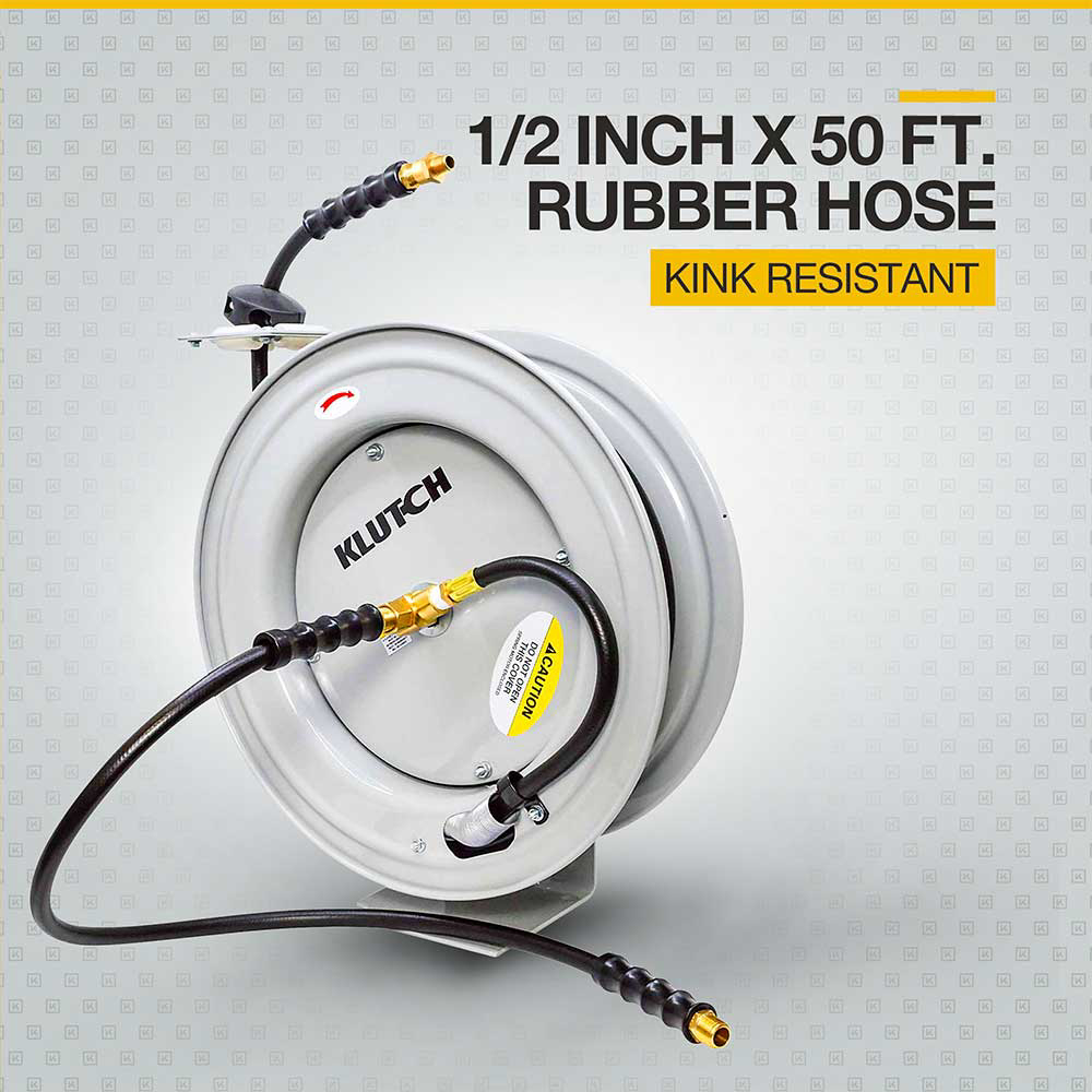 Klutch | Auto Rewind Air Hose Reel With Rubber Hose | 1/2-In