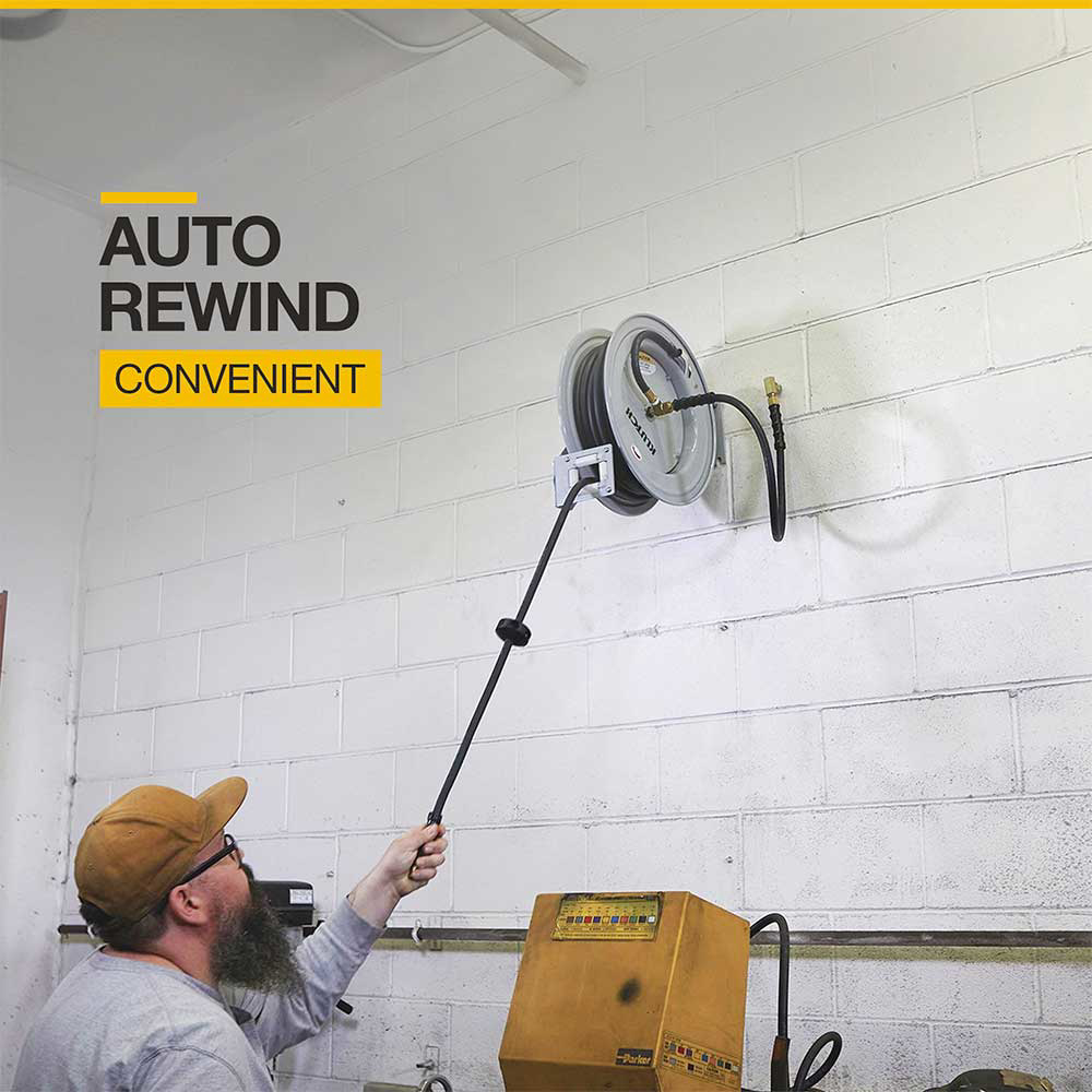 Klutch | Auto Rewind Air Hose Reel With Rubber Hose | 1/2-In